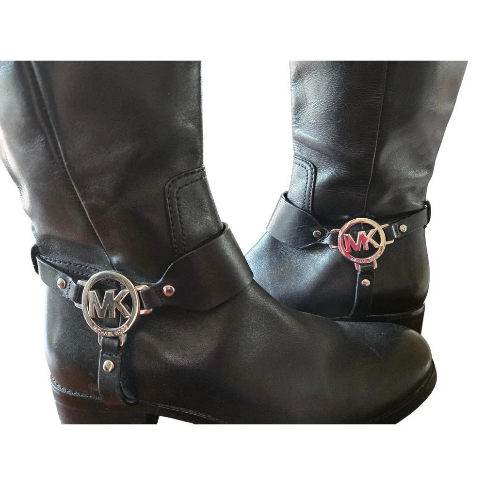 Michael Kors Black Leather Tall Riding Boots Silver MK Logo Medallion Womens 7M